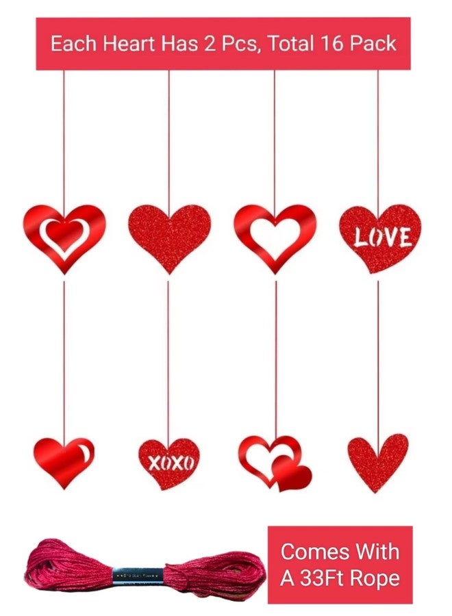 Litmitfu 16 Pack Valentines Hanging Decorations-Valentine Heart Decor, Glitter Valentine Love Hanging Ornaments with Red Ribbons for Valentines Party Indoor Home Office Classroom Decoration Favors - Image 3